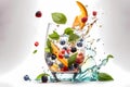 Splash of organic water cocktail with pieces of fresh fruit. White background, isolated Royalty Free Stock Photo
