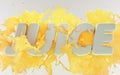 Splash of pineapple, banana or mango juice. Juicy fruity yellow drink 3d with word JUICE capital letters on white