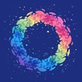 Splash rainbow wreath on blue background, bright round abstraction