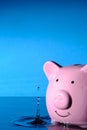 Splash raindrop on water and a piggy bank on a blue background