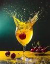 Splash of red cherries in a glass with colorful aperitif