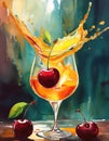 Splash of red cherries in a glass with colorful aperitif