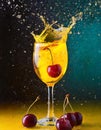 Splash of red cherries in a glass with colorful aperitif