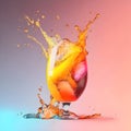 Splash of a refreshing summer cocktail with berries, soda, juice, orange slices, mint leaves and ice cubes in wine glass on a Royalty Free Stock Photo
