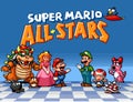 Splash Screen of 16-bit Super Mario All Stars classic video games collection, developed by Nintendo, pixel design vector