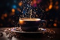 splash and splashes on hot steaming fragrant coffee with steam, smoke in a transparent glass cup on a dark background Royalty Free Stock Photo