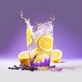 Splash of three glasses lavender lemonade with lemon on purple background Royalty Free Stock Photo