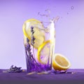 Splash of three glasses lavender lemonade with lemon on purple background Royalty Free Stock Photo