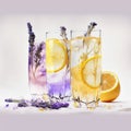 Splash of three glasses lavender lemonade with lemon on purple background Royalty Free Stock Photo