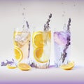Splash of three glasses lavender lemonade with lemon on purple background Royalty Free Stock Photo