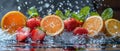 Splash of Vitality: Citrus and Berries Dance in Water. Concept Citrus Photography, Berry