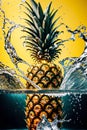 Splash of water fruits. Pineapple falls into the water on a yellow background. Generative AI. Royalty Free Stock Photo