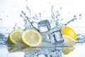 A splash of water with ice cubes and a lemon and a lime Royalty Free Stock Photo
