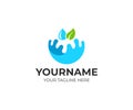 Splash of water, a leaf and a drop, logo template. Ecologically pure, natural water and watering of plants, vector design