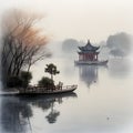 splash watercolor arts of a light mist envelops the Slender West Lake in Yangzhou, East China\'s Jiangsu province.