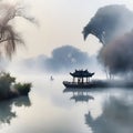 splash watercolor arts of a light mist envelops the Slender West Lake in Yangzhou, East China\'s Jiangsu province.