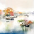 splash watercolor arts of a light mist envelops the Slender West Lake in Yangzhou, East China\'s Jiangsu province.