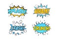 Splash Wham comic burst with white, blue, and yellow colors. Crash Crunch comic explosion with yellow, white, and blue colors.