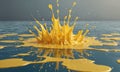 splash yellow paint creates dynamic visual effect, with the paint spreading outwards and creating reflection Royalty Free Stock Photo