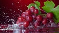 Splashed Symphony: Vibrant Red Grapes and Fresh Green Leaves Dance on a Lively Red Background - AR 1