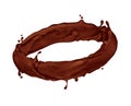 Splashes of chocolate rotate in a circular motion on white