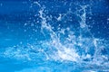 Splashes of clear blue fresh water in pool, air bubbles, water drops, sea wave with sunny reflections on toning in classic blue Royalty Free Stock Photo