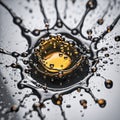 Splashes on a dark oil surface close up