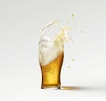 Splashes and drops. Glass of frothy light lager beer isolated over grey background. Concept of alcohol, oktoberfest