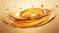 Splashes and drops of liquid oil. Fresh Olive or motor engine oil eco nature golden color close-up. Shine yellow Cosmetic oil or