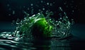 Splashes of fresh water covering green fruit. Freshness concept. Black backdrop. Generative AI