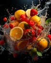 The splashes of fruits into one another. A bunch of fruit is splashing into the water Royalty Free Stock Photo