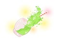 Splashes of green beverage, drink scattering from falling glass with straw.