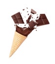 Splashes of ice cream with crushed bar of chocolate isolated on a white background Royalty Free Stock Photo