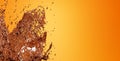 Splashes of liquid chocolate, 3d render. Chocolate splash and drops, on an orange background Royalty Free Stock Photo