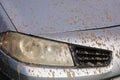 Splashes of mud. Close up of a dirty headlight of gray car with muddy splash. Car wash concepts. - Background texture Royalty Free Stock Photo