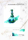 Watercolor bottle of perfume, green glass.