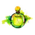 Watercolor bottle of perfume, green glass.