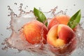 Splashes of water from falling peaches, bubbles and splashes of water and a peach. Royalty Free Stock Photo