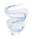 Splashes of water and milk twisted into a spiral on a white