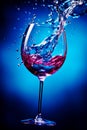 Splashes of water in a wine glass, with blue filter, close up with copy space