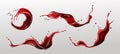 Splashes of wine, juice or blood, liquid red drink waves and curls with droplets. Realistic 3d vector set. Royalty Free Stock Photo