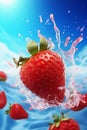 strawberry red healthy food background fresh splash fruit water freshness blue. Generative AI.