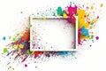 Splashing colorful paint on empty frame on white background. AI generative