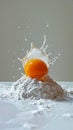 Splashing of egg yolk, flour and milk against light background. Cooking concept. Aesthetic kitchen style. Generative AI