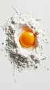 Splashing of egg yolk, flour and milk against light background. Cooking concept. Aesthetic kitchen style. Generative AI