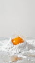 Splashing of egg yolk, flour and milk against light background. Cooking concept. Aesthetic kitchen style. Generative AI