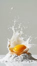 Splashing of egg yolk, flour and milk against light background. Cooking concept. Aesthetic kitchen style. Generative AI