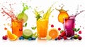 Refreshing fruit juices with lime, orange, and berries on white background Royalty Free Stock Photo