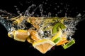 Splashing fruit on water. Royalty Free Stock Photo