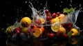 Splashing fruit on water. Fresh Fruit and Vegetables being shot as they submerged under water, generative ai